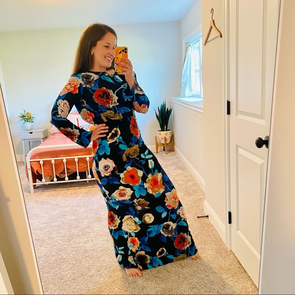 MSGM Milano Blue Red Black Rose Floral Long Sleeve Maxi Gown Dress XS - Picture 6 of 16